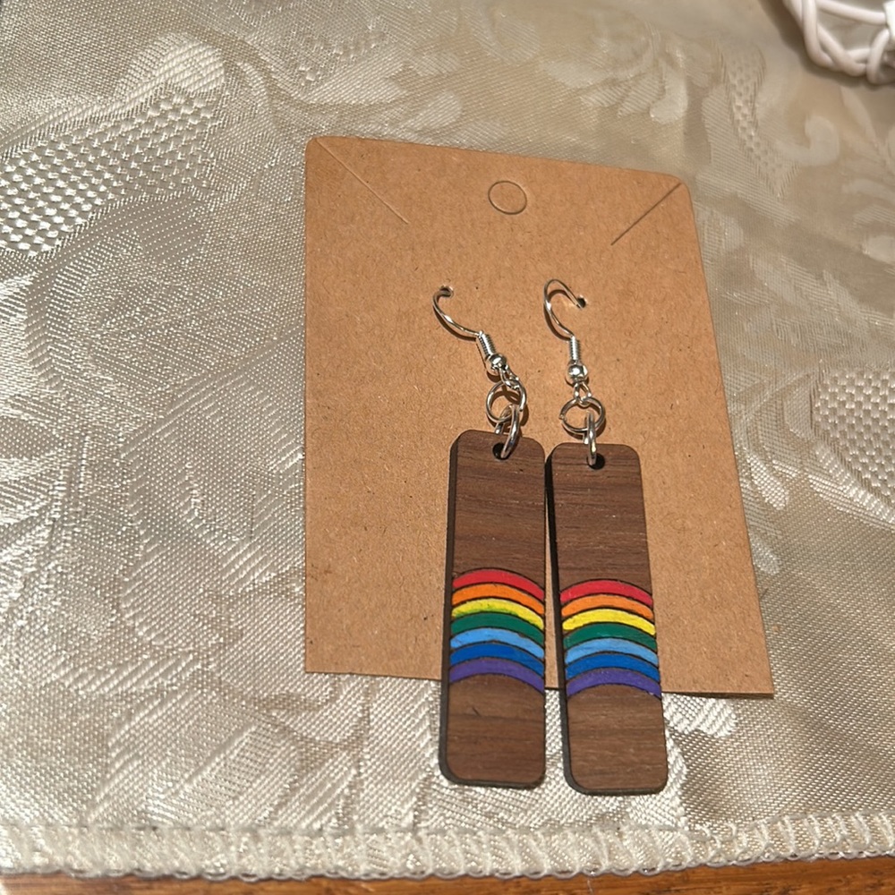 Handmade Wooden Rainbow Boho Dangle Earrings Hand Painted & Engraved Y2K Summer - Picture 7 of 9